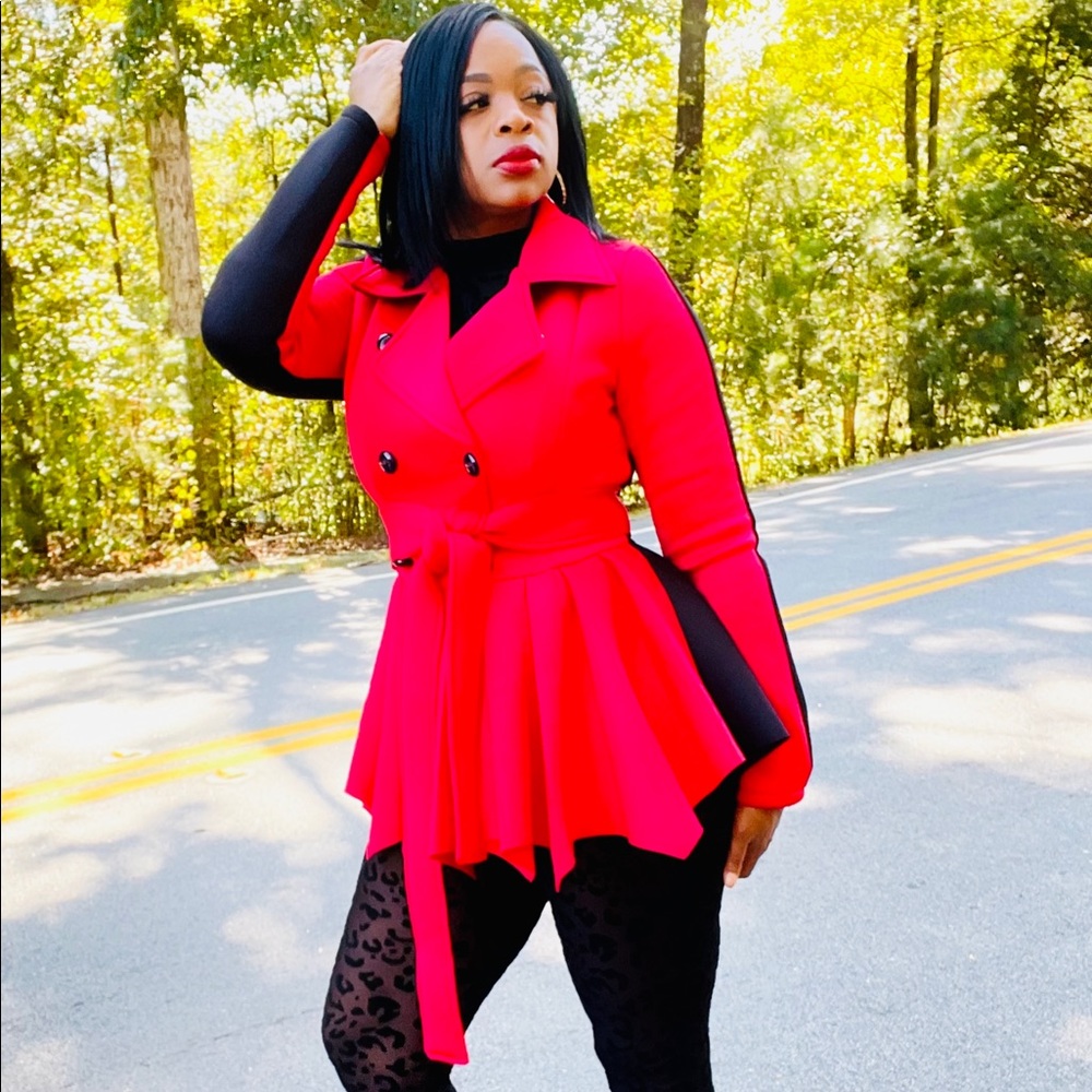Red and Black  double breasted buttoned peplum coat with red belt